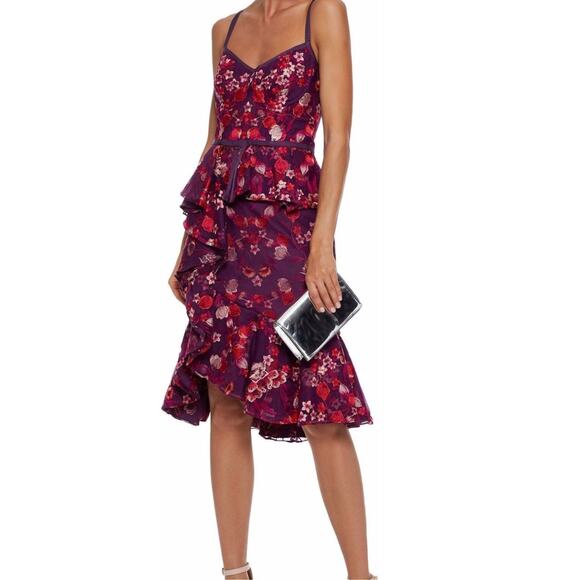 NWT Marchesa Notte Purple Floral Paneled Ruffled Cady Dress Sz 2 Formal Evening - Picture 1 of 7